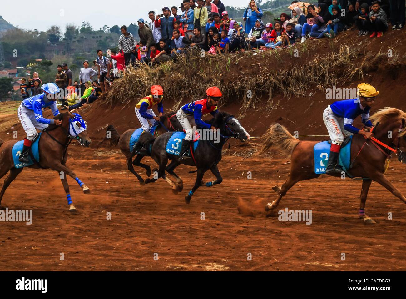 Der Jockey trieb sein Pferd an den Start beim Pferderennen von Tanjungsari Raharja Dorf, Bezirk, Sumedang Regency. Insgesamt 120 lokalen racing Pferde nahmen an Wettbewerben zu gewinnen im Governor's Trophy, sowie als billige Unterhaltung für die Gemeinschaft. Stockfoto