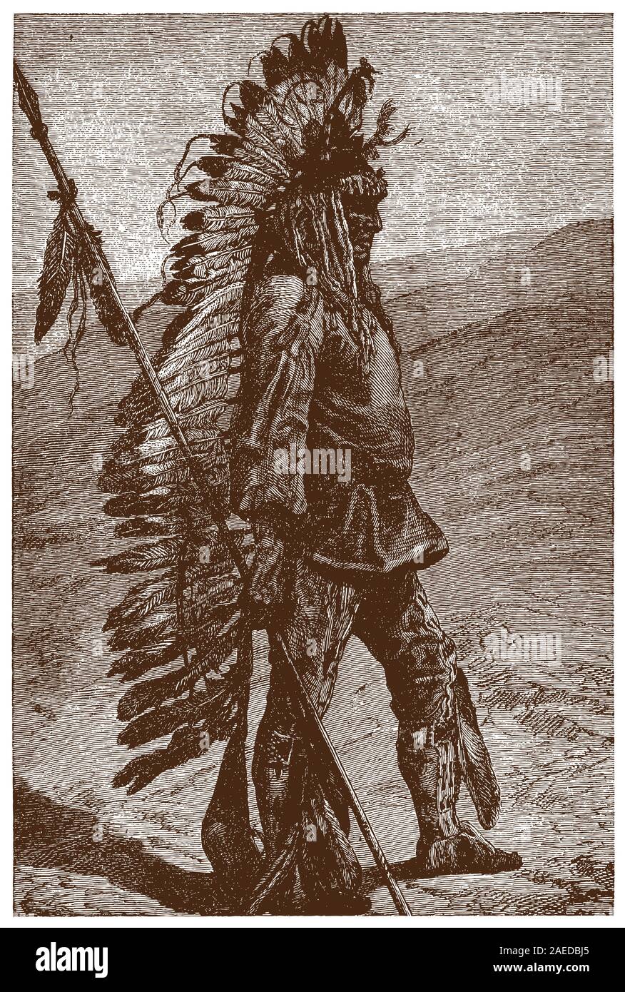 Historische pawnee Chief stehend in einer Landschaft und trug eine Federhaube und halten einen Speer. Abbildung: Nach einem Stich aus dem 19. Jahrhundert Stock Vektor