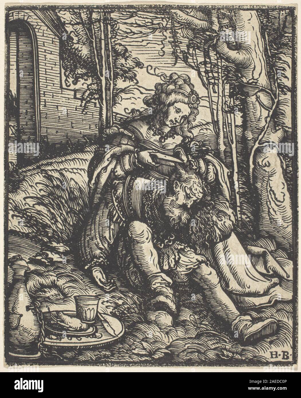 Ein Gemälde von Hans Burgkmair I., das die biblische Geschichte von Samson und Delilah darstellt, zeigt Samson mit langen Haaren und Delilah, die es schneidet, als Symbol für Verrat und Verletzlichkeit. Stockfoto