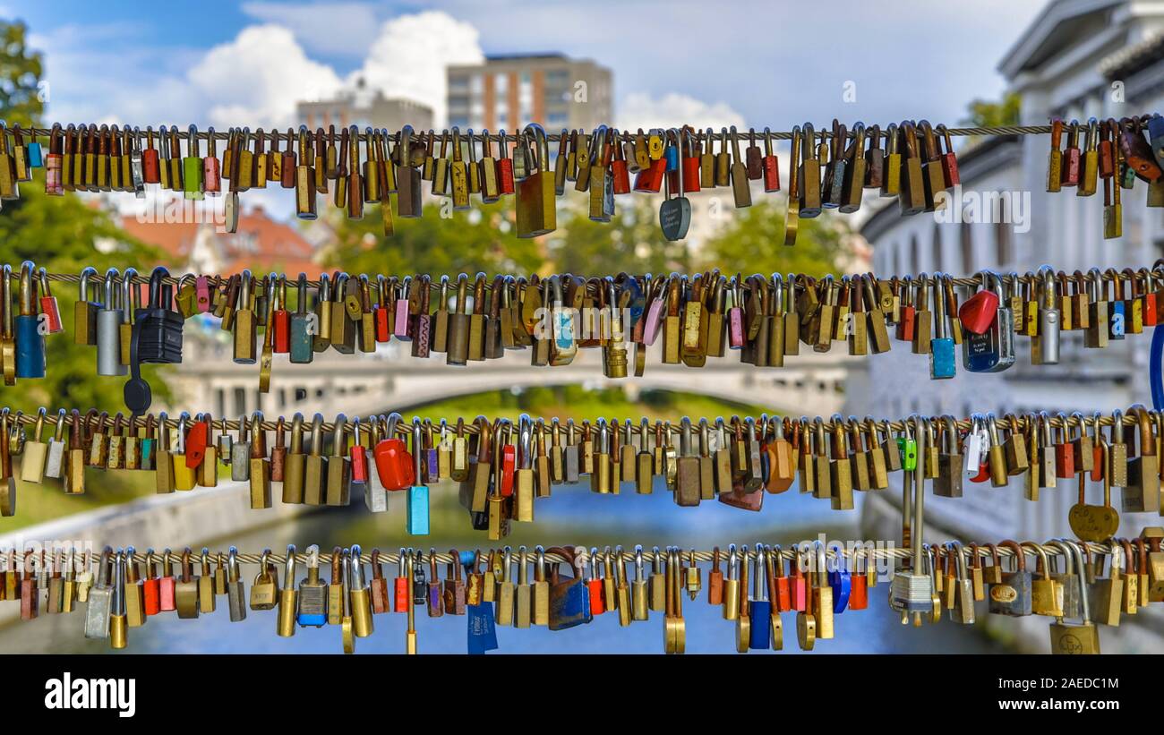 Liebe Brücke über Fluss Ljubljanica canal genannt auch Metzger Brücke in Ljubljana Altstadt Stockfoto