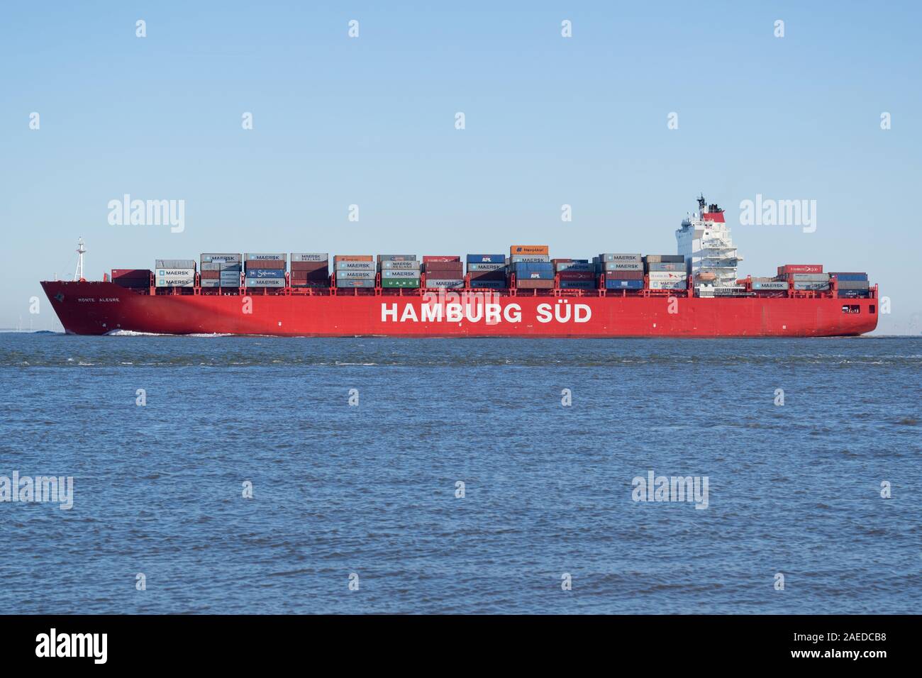 Hamburg Süd Container schiff Monte Alegre an der Elbe. Stockfoto