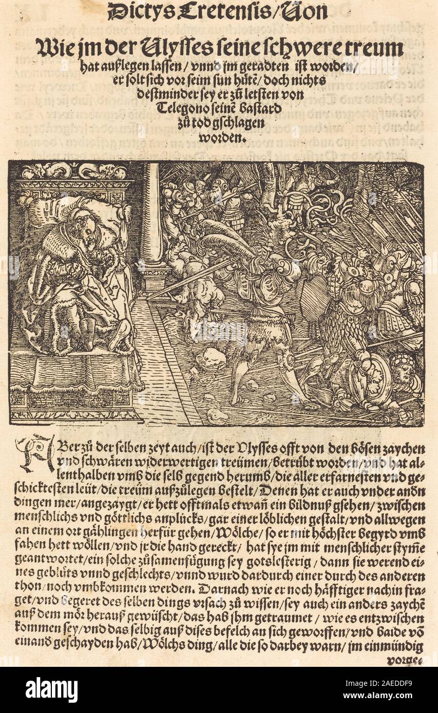 Bildseite aus dem Troianischen Kreig von Hans Weiditz II., gedruckt 1536 in Ausberg. Die Seite enthält Holzschnitt-Illustrationen, die Szenen aus dem Trojanischen Krieg zeigen, Figuren, Schlacht und klassische Rüstungen. Stockfoto