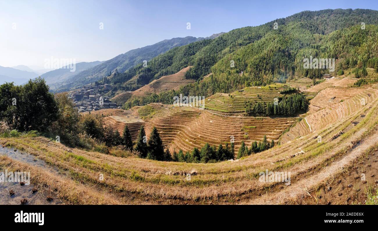 Die Landschaft wellig Longsheng Reisterrassen nach der Ernte - Nord Guillin, Guangxi Provinz, China Stockfoto