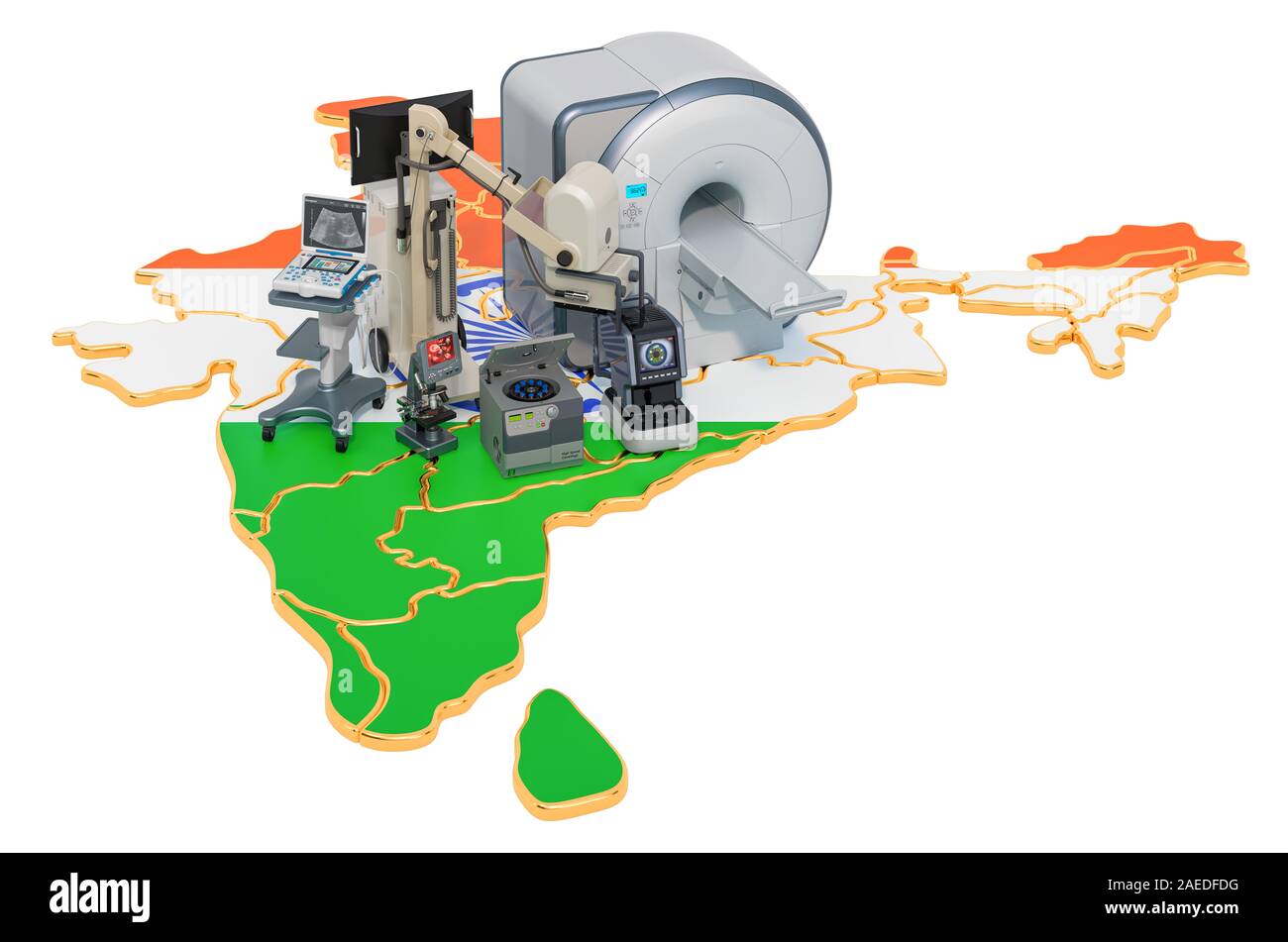 Medizinische Diagnostik und Forschung in Indien, 3D-Rendering auf weißem Hintergrund Stockfoto