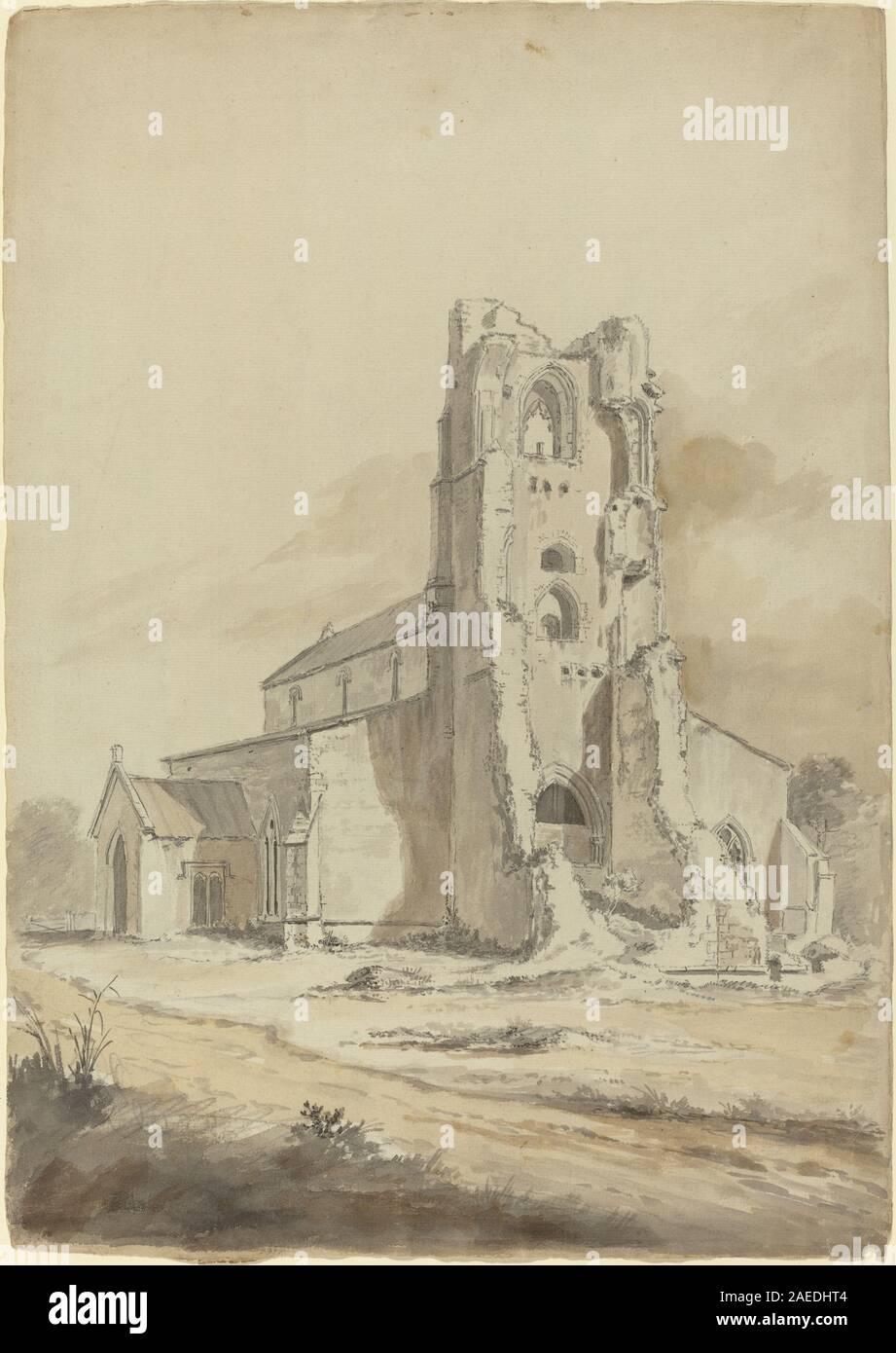 Dieses Gemälde von Hendrik Frans de Cort, vermutlich aus dem Jahr 1794, zeigt eine Ruine der Kirche. Es zeigt niederländische Landschaftsmalerei aus dem späten 18. Jahrhundert, architektonische Ruinen, kompositorische Perspektive und stimmungsvolle Darstellung. Stockfoto