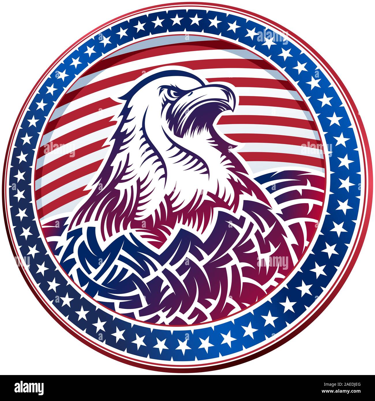 Der Weißkopfseeadler mit Sternen und Streifen als Symbol für den Tag der Unabhängigkeit der USA am 4. Juli; Farbe Banner in der Hand Zeichnung Stil. Raster Stockfoto