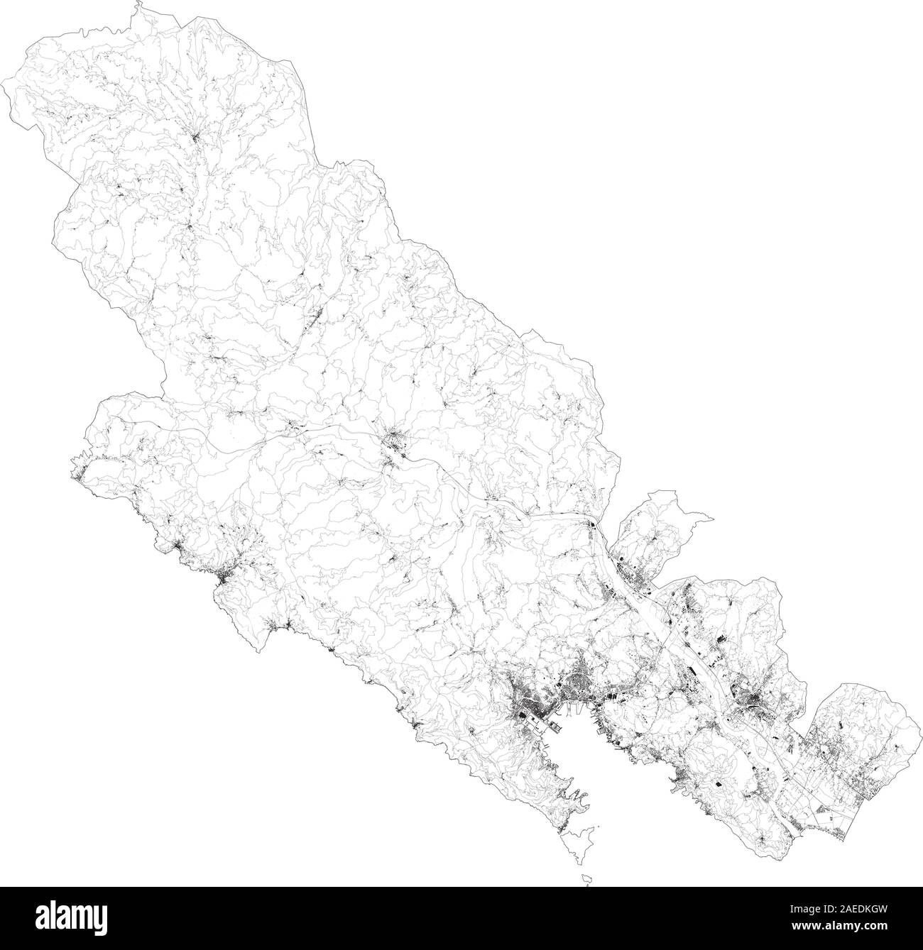 Sat-Karte der Provinz von La Spezia, Städte und Straßen, Gebäude und Straßen der Umgebung. Ligurien, Italien. Karte Straßen, Ringstraßen Stock Vektor