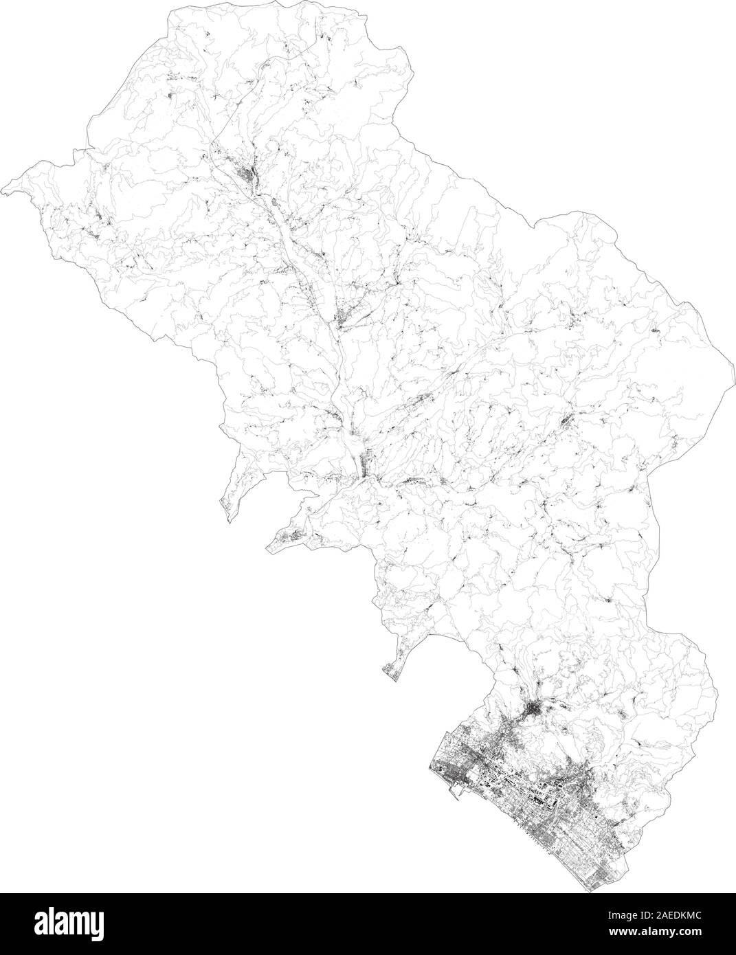 Sat-Karte der Provinz Massa-Carrara, Städte und Straßen, Gebäude und Straßen der Umgebung. Toskana, Italien. Karte Straßen, Ring Road Stock Vektor