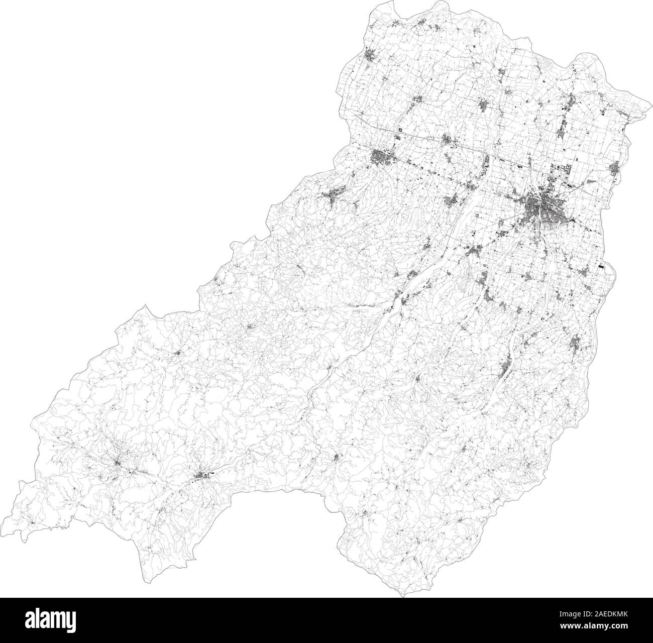 Sat-Karte der Provinz von Parma, Städte und Straßen, Gebäude und Straßen der Umgebung. Region Emilia-Romagna, Italien. Karte Straßen Stock Vektor