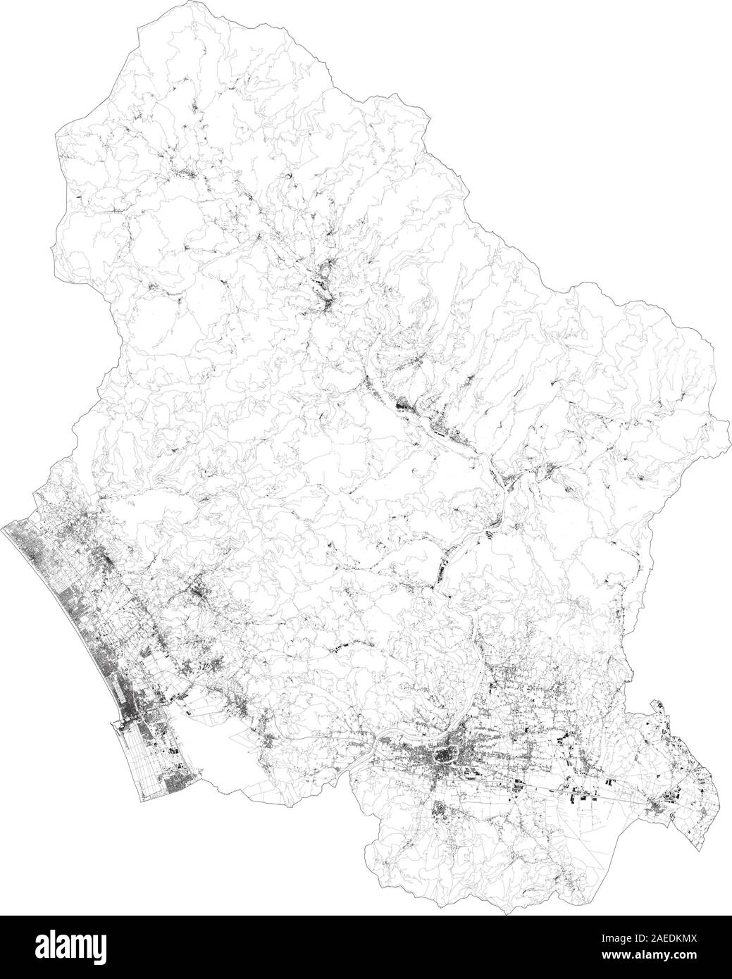 Sat-Karte der Provinz Lucca, Städte und Straßen, Gebäude und Straßen der Umgebung. Toskana, Italien. Karte Straßen, Ringstraßen Stock Vektor