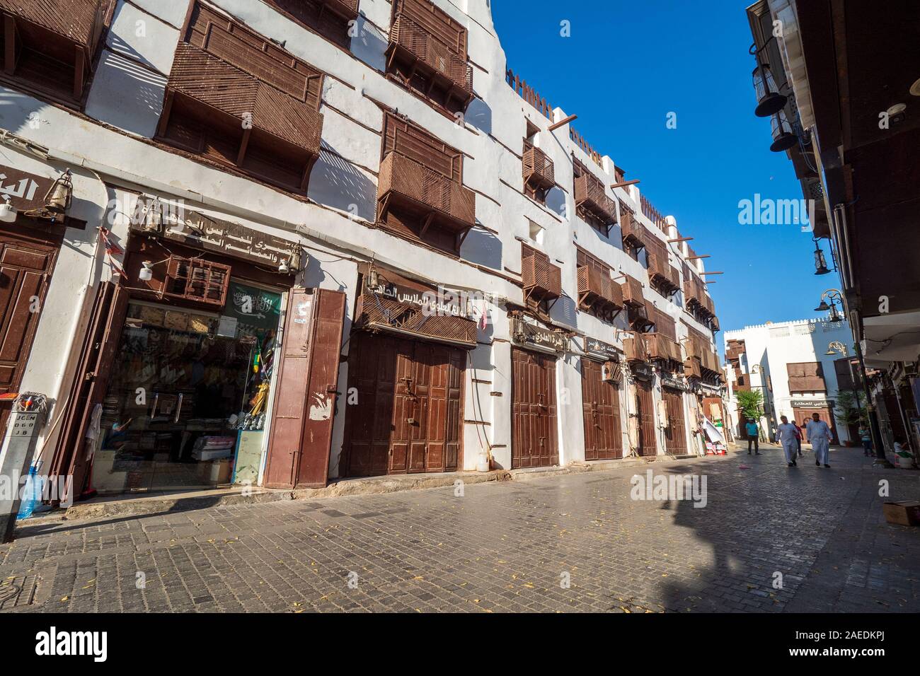 Außenansicht eines kürzlich renovierten traditionellen Wohngegend coral Bürgerhäuser in der Altstadt Al Balad, Jeddah, KSA, Saudi-Arabien Stockfoto