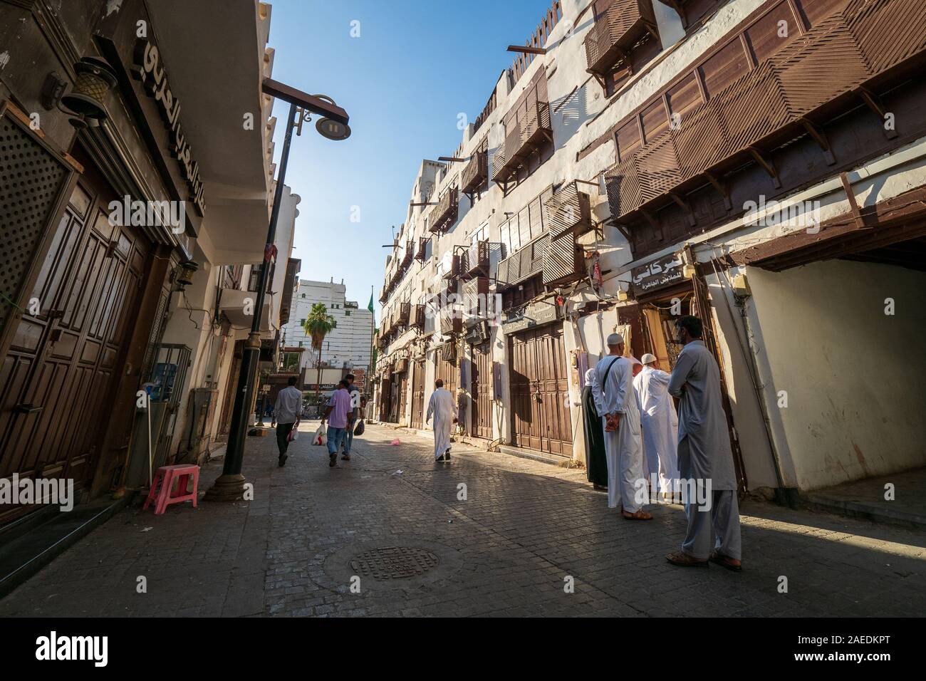 Außenansicht eines kürzlich renovierten traditionellen Wohngegend coral Bürgerhäuser in der Altstadt Al Balad, Jeddah, KSA, Saudi-Arabien Stockfoto