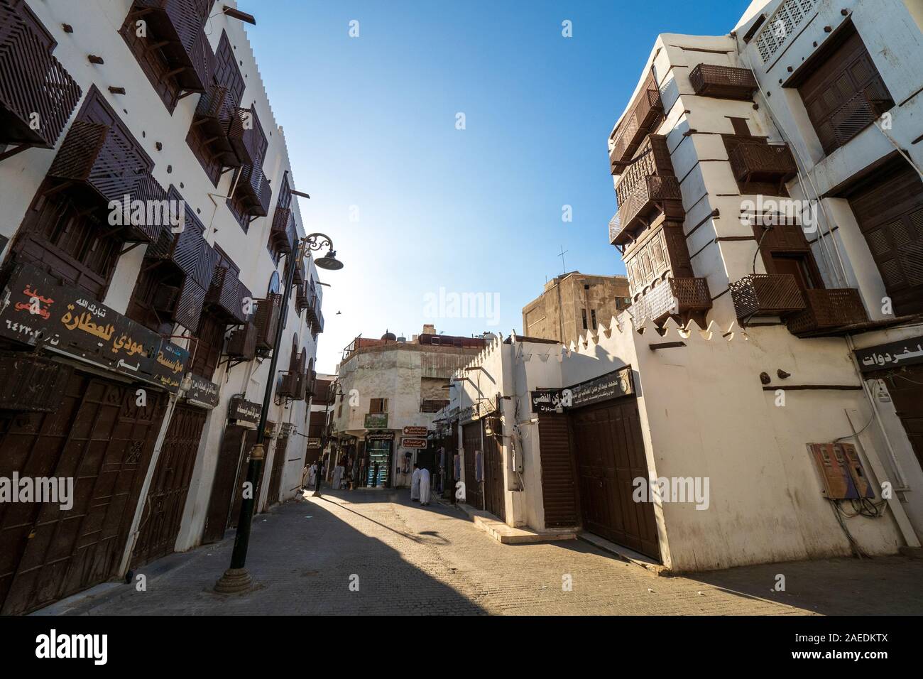 Außenansicht eines kürzlich renovierten traditionellen Wohngegend coral Bürgerhäuser in der Altstadt Al Balad, Jeddah, KSA, Saudi-Arabien Stockfoto