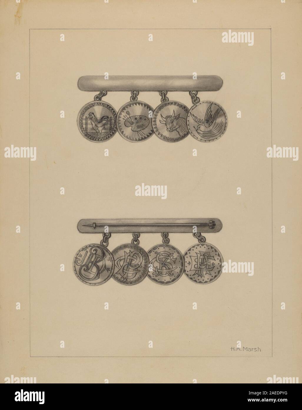 Herbert Marshs Freundschaftsnadel, ca. 1937, ist ein kleines dekoratives Metallobjekt mit Emaildetails, symbolischem Design und tragbarer Handwerkskunst, das das amerikanische Accessoire-Design des frühen 20. Jahrhunderts widerspiegelt. Stockfoto