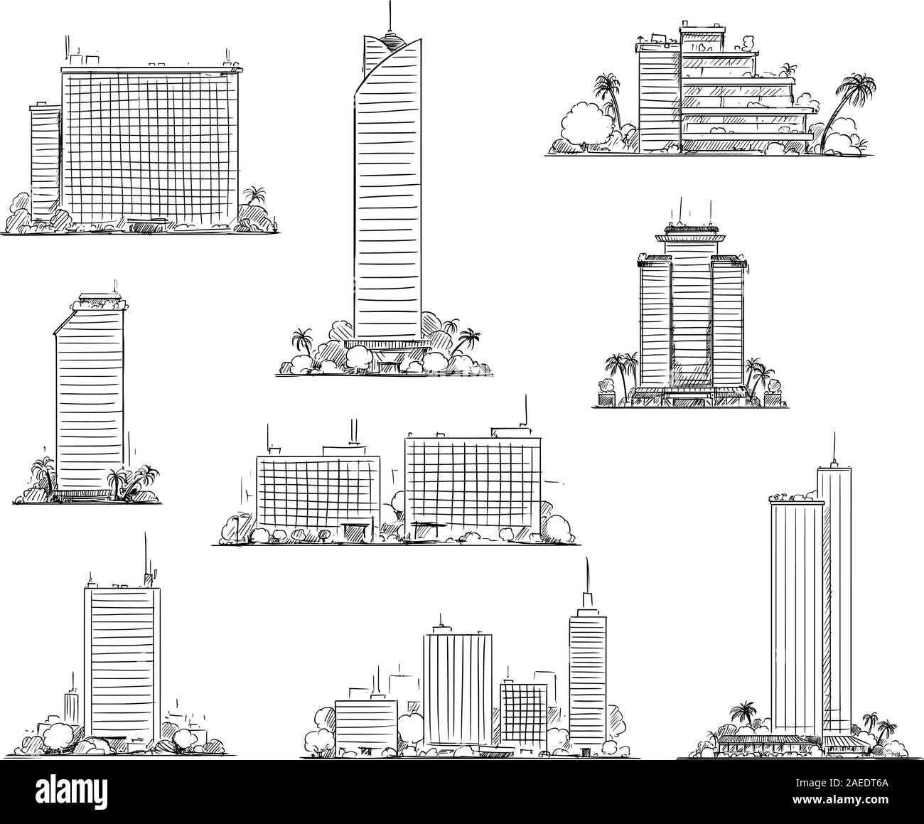 Vektor hand gezeichnete schwarz-weiß Abbildung: moderne Stadt Wohn- und kommerziellen Gebäuden und Wolkenkratzern. Städtische oder stadtbild Landschaften. Stock Vektor