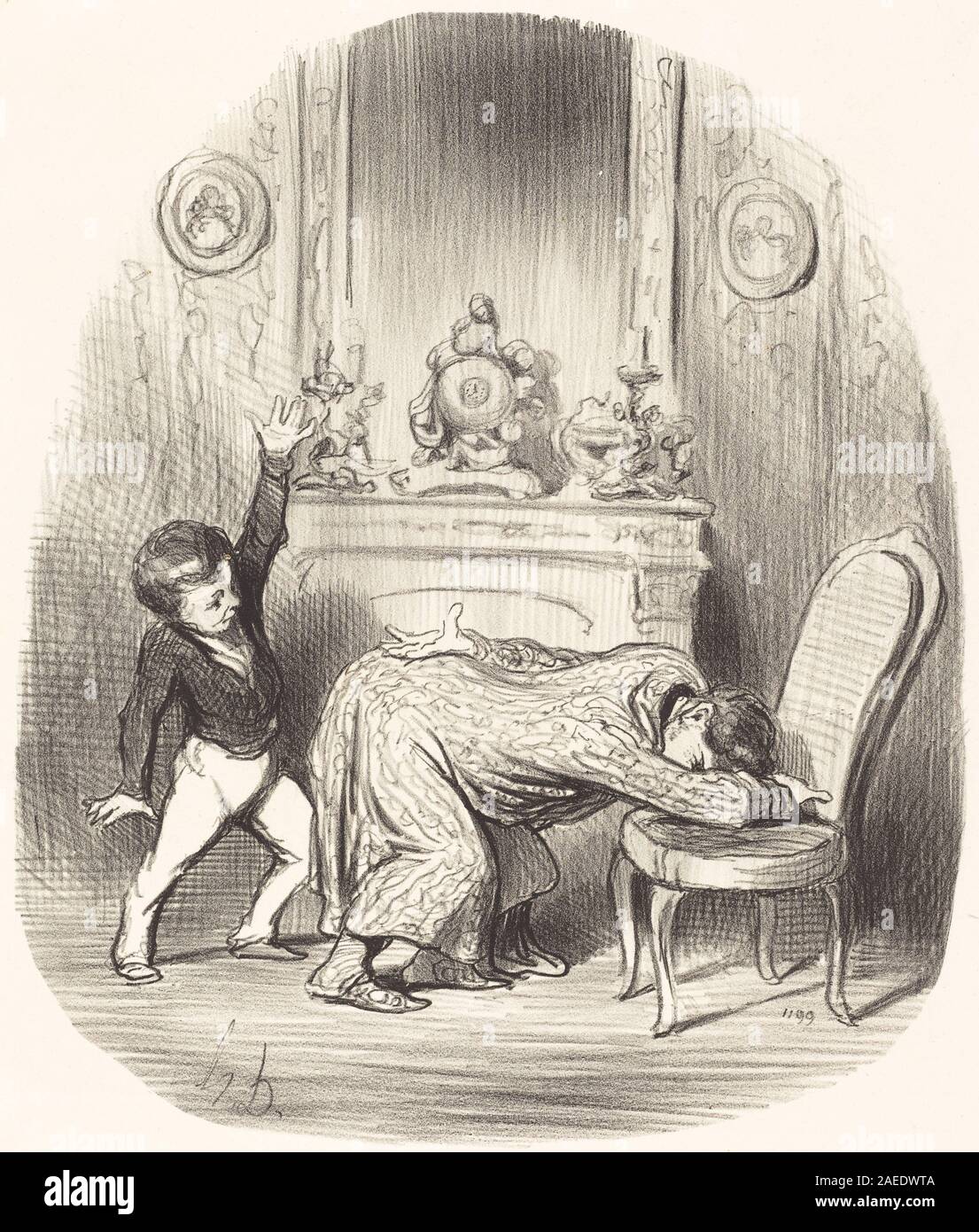 Diese Lithografie von Honoré Daumier aus dem Jahr 1852 zeigt ein historisches Thema, das auf Henri IV. Verweist und Figuren, Gesten, sozialen Kontext, Ikonographie, und französische Drucktechniken aus der Mitte des 19. Jahrhunderts. Stockfoto