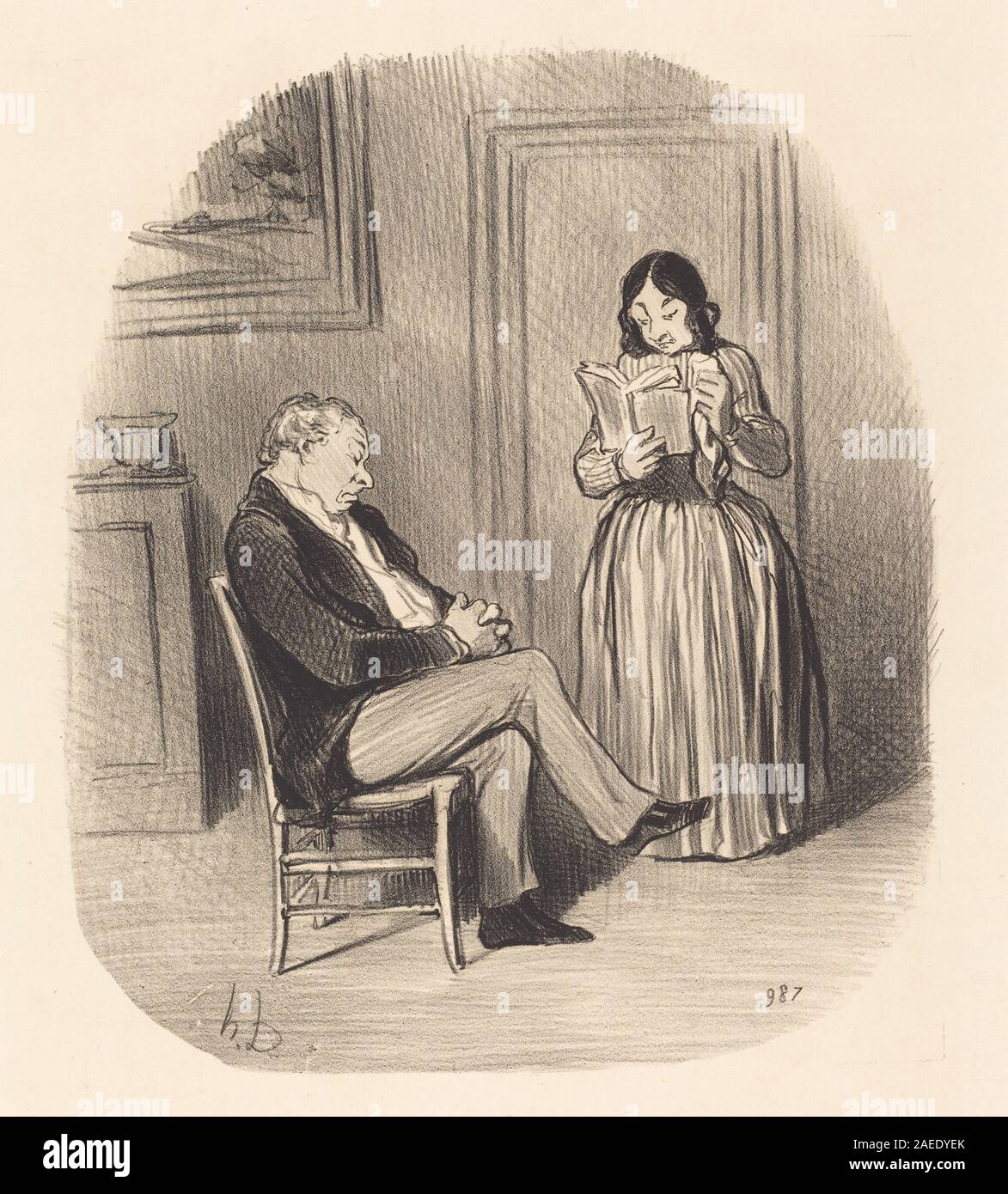 Ein Kunstwerk von Honoré Daumier aus dem Jahr 1847 mit dem Titel „Bourgeois mit Kapiteln nach dem Abendessen lesen“, das eine sitzende Figur darstellt, die vorgelesen wird, Haltung, Geste, Wohnkultur und soziale Freizeitaktivitäten zeigt. Stockfoto