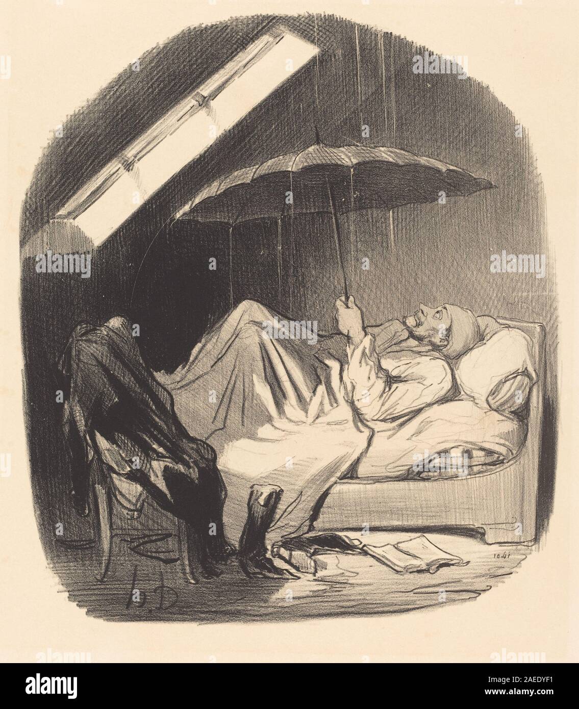 Brigand de propriétaire wurde 1847 von Honoré Daumier erstellt und ist eine Lithografie, die einen Räuber oder Banditen darstellt, der einem Landbesitzer gegenübersteht. Die Arbeit konzentriert sich auf narratives Handeln, menschliche Figuren, soziale Spannungen und französische Drucktechniken des 19. Jahrhunderts. Stockfoto