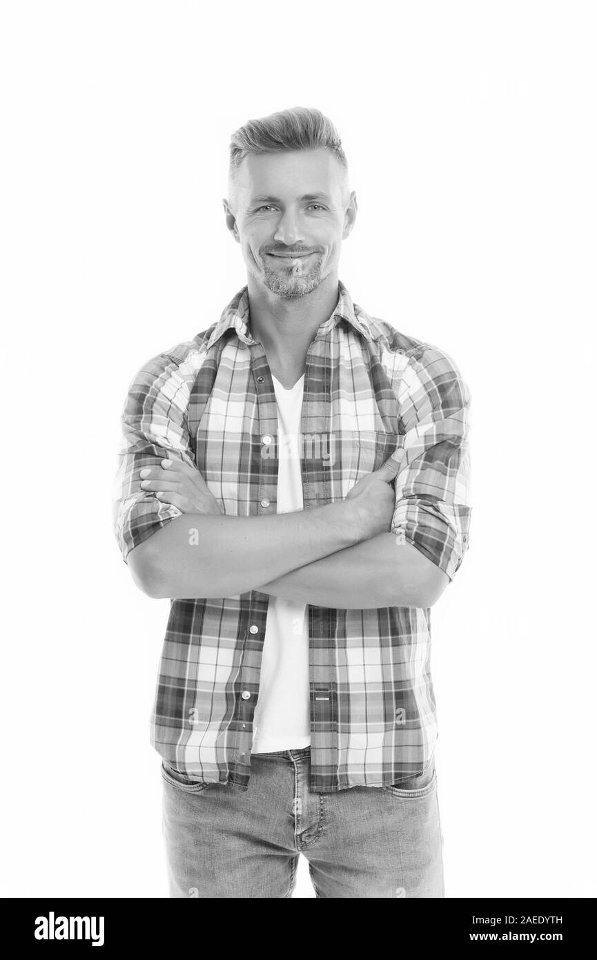 Fashion Concept. Stattliche fashion model. Gefühl lässig und komfortabel. Herrenmode und modische Kleidung. Mann sieht gut aus in lässigen Stil. Guy Verschleiß casual Outfit. Mode für das tägliche Leben. Stockfoto