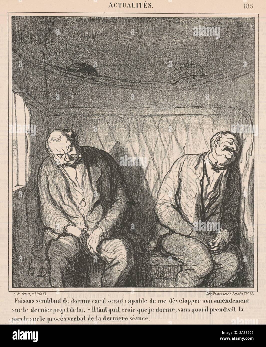Faisons semblant de dormier, geschaffen von Honoré Daumier im 19. Jahrhundert, zeigt Figuren, die vorgeben zu schlafen, und hebt Gesten, Haltung, Gesichtsausdruck und soziale Interaktion in einer häuslichen oder inszenierten Szene hervor. Stockfoto