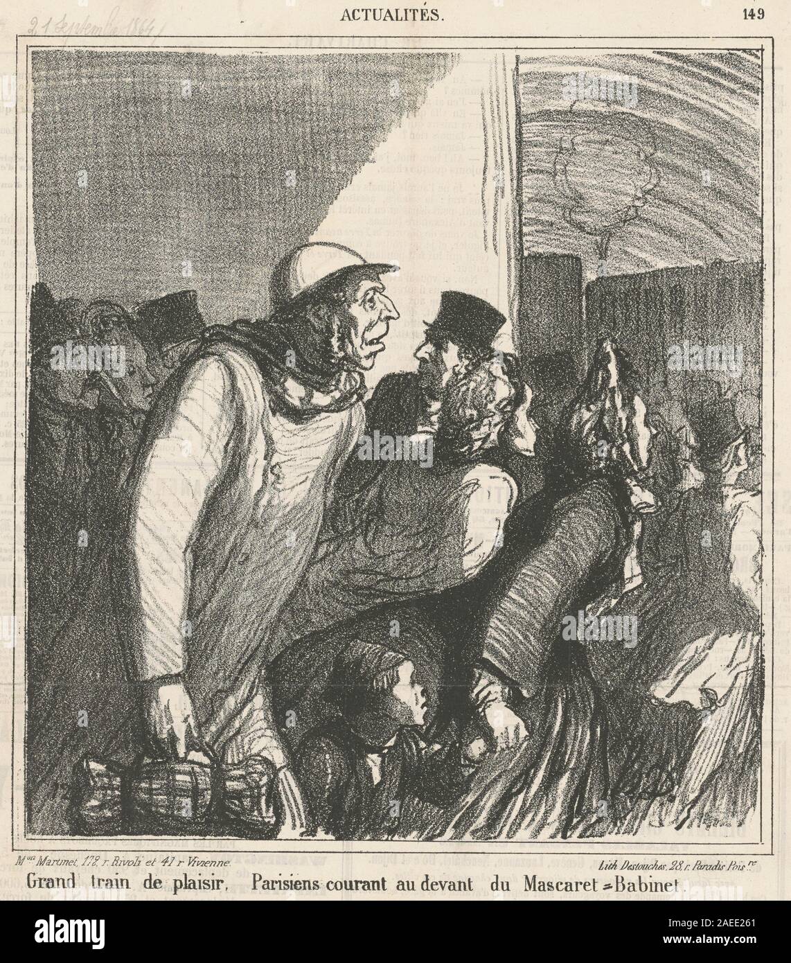 Der Grand Train de plaisir von Honoré Daumier, der im 19. Jahrhundert geschaffen wurde, zeigt eine lebendige Sozial- oder Freizeitszene. Die Lithografie betont Gruppeninteraktionen, Gesten, Haltung, Gesichtsausdrücke und festliche Atmosphäre. Stockfoto