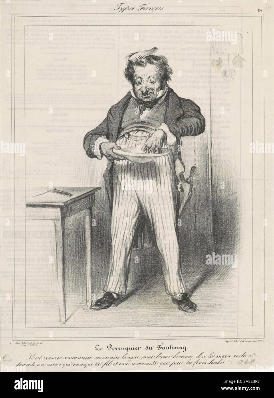 Le Perruquier du Faubourg, geschaffen von Honoré Daumier im 19. Jahrhundert, ist eine Lithografie, die einen Perruquier in einer Bezirkswerkstatt darstellt, der mit Kunden interagiert. Die Arbeit konzentriert sich auf die tägliche Arbeit, den Handel, menschliche Gesten und die französische Druckerei des 19. Jahrhunderts. Stockfoto