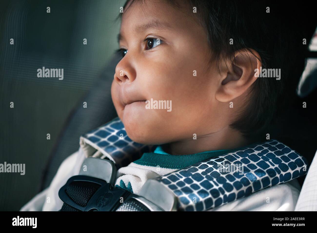 Einen netten männlichen Kleinkind, entspannt und schauen aus dem Fenster, während sitzen bequem in seinem nach vorne Autositz. Stockfoto