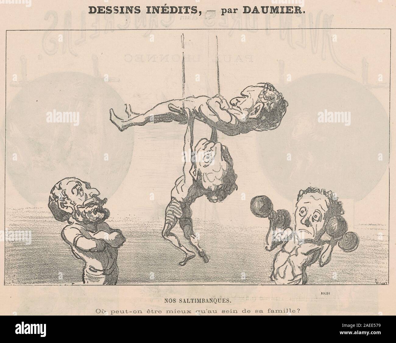 Nos saltimbanques, geschaffen von Honoré Daumier im 19. Jahrhundert, zeigt Akrobaten oder Reisende Künstler, wobei Gesten, Körperhaltung, Gesichtsausdruck, Kostüm, und Bewegung in einem Leistungs- oder sozialen Kontext. Stockfoto