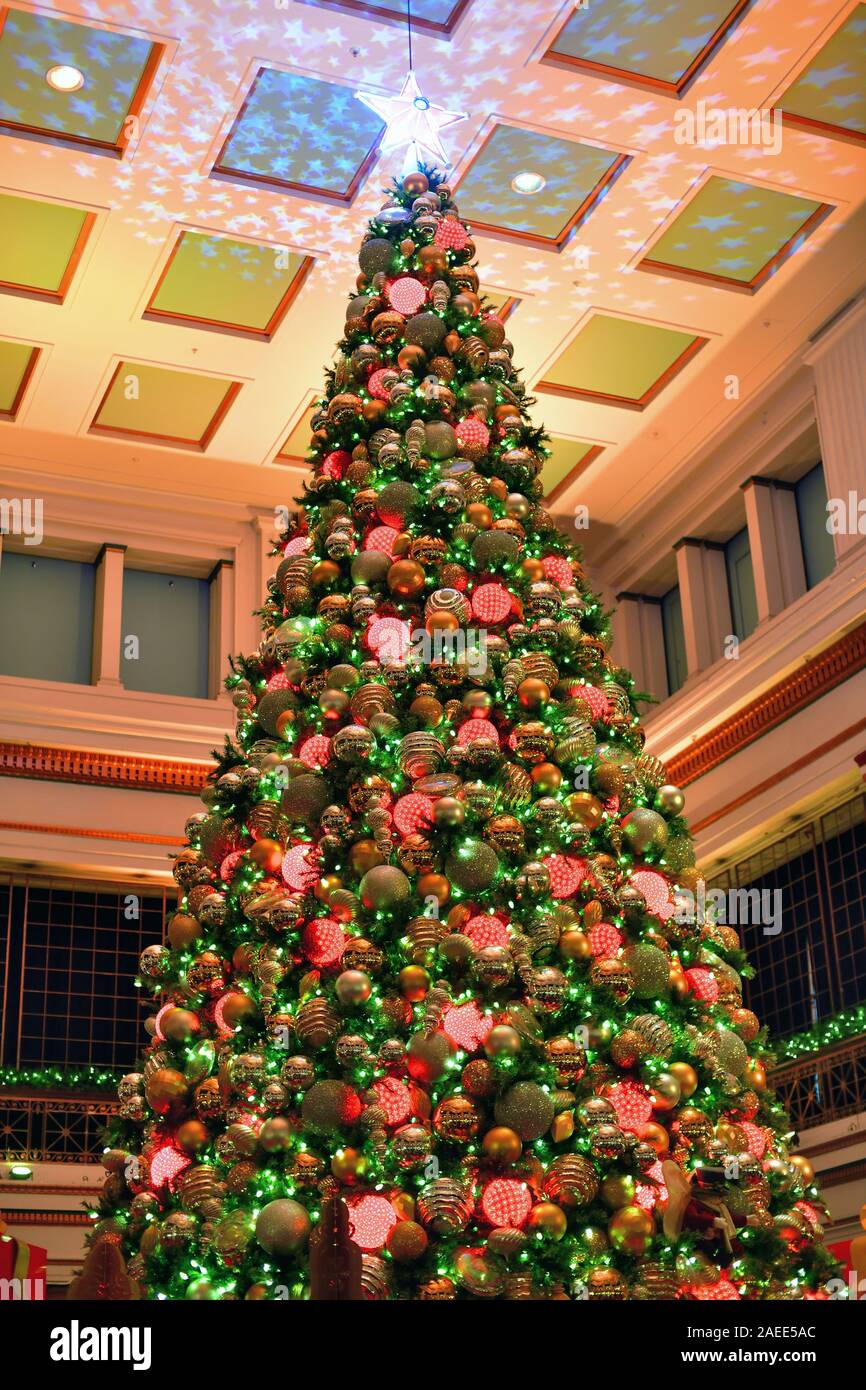Chicago, Illinois, USA. Die bunt geschmückten Weihnachtsbaum in der Nussbaum Zimmer bei Macy's in der State Street in Chicago. Stockfoto