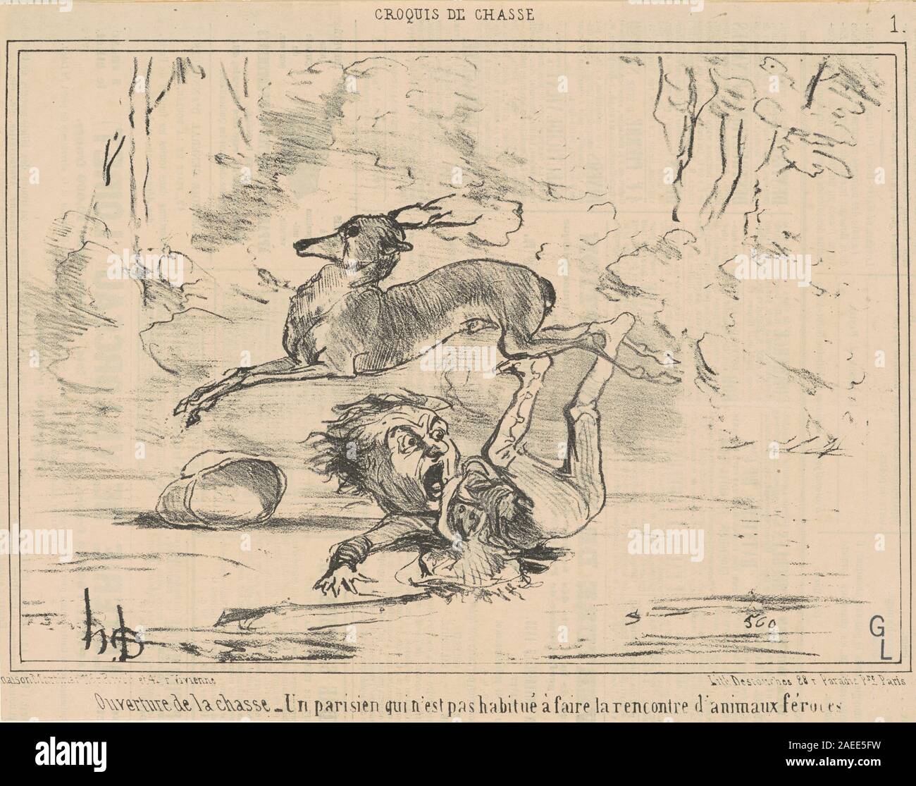 Eine Lithografie aus dem 19. Jahrhundert von Honoré Daumier, die den Beginn der Jagdsaison darstellt und Jäger mit Schusswaffen, Hunden, Pferden, Gesten, Kleidung, und eine Landschaft, die die ländliche Sporttradition widerspiegelt. Stockfoto