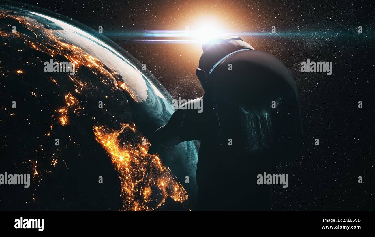Nahaufnahme eines Raumfahrers, wenn die Sterne der Erde funkeln. Astronaut im Raumanzug rotieren. Realistischer Planet Festland mit Nachtlichtumlauf. 3D-Rendern der Bewegungssimulation. Wissenschaftskonzept. 4K Von der NASA bereitgestellte Elemente Stockfoto