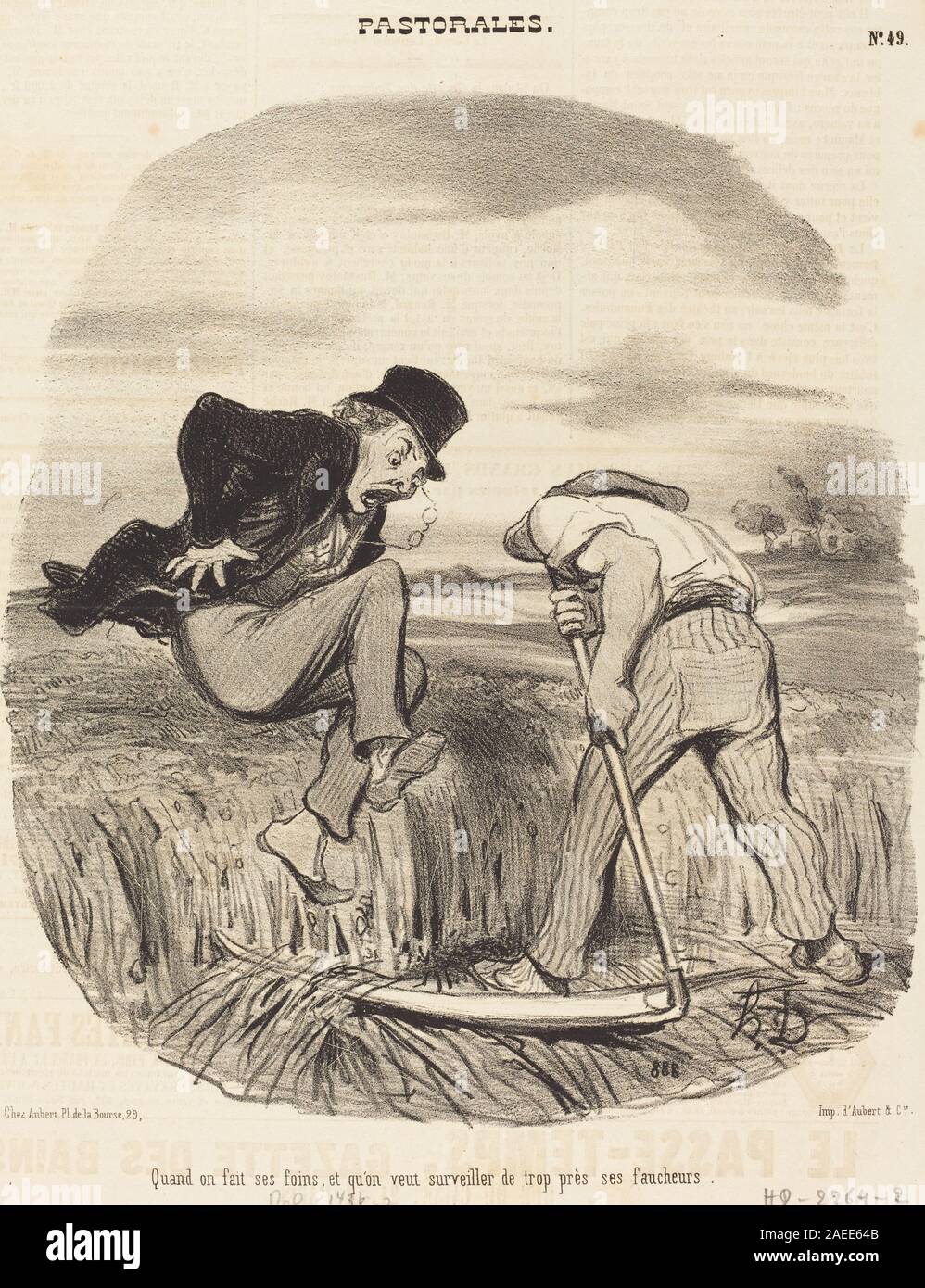 Honoré Daumiers Lithografie „Quand on fait ses foins“ aus dem Jahr 1846 zeigt Figuren, die in einer ländlichen Landschaft Heu ernten, wobei Haltung, Geste, Arbeit und saisonale landwirtschaftliche Tätigkeit hervorgehoben werden. Stockfoto