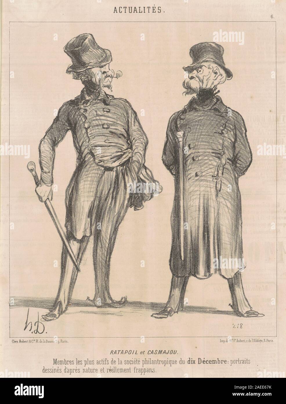 Ratapoil et Casmajou ist eine Lithografie aus dem 19. Jahrhundert von Honoré Daumier, die zwei fiktive Charaktere darstellt und Satire, Karikatur und soziale Kommentare in der französischen Gesellschaft illustriert. Stockfoto