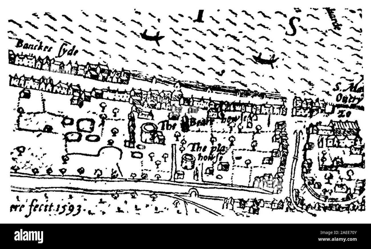 Bankside - der Bär Garten und das Rose Theater - Norden Karte von London, 1593 Stockfoto