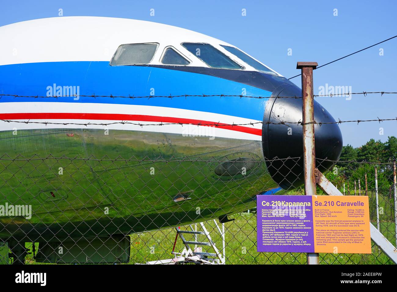 Belgrad, SERBIEN-19 Jun 2019 - Blick auf eine alte Caravelle Flugzeug von ehemaligen Jugoslawischen Airways JAT (JU) an der Luftfahrttechnischen Museum Belgrad (ehemals Yug Stockfoto