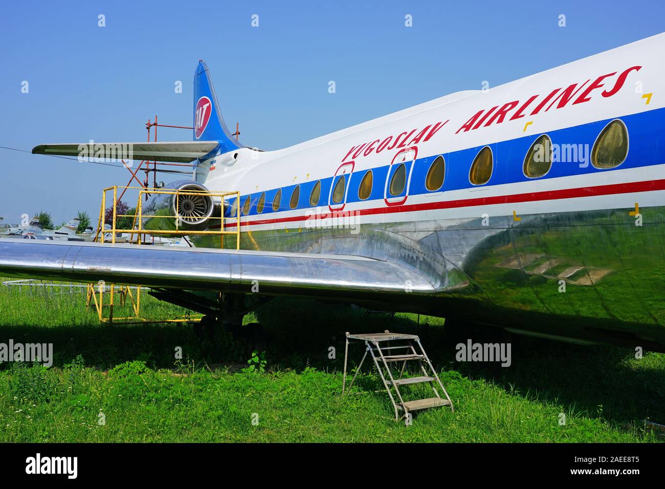 Belgrad, SERBIEN-19 Jun 2019 - Blick auf eine alte Caravelle Flugzeug von ehemaligen Jugoslawischen Airways JAT (JU) an der Luftfahrttechnischen Museum Belgrad (ehemals Yug Stockfoto