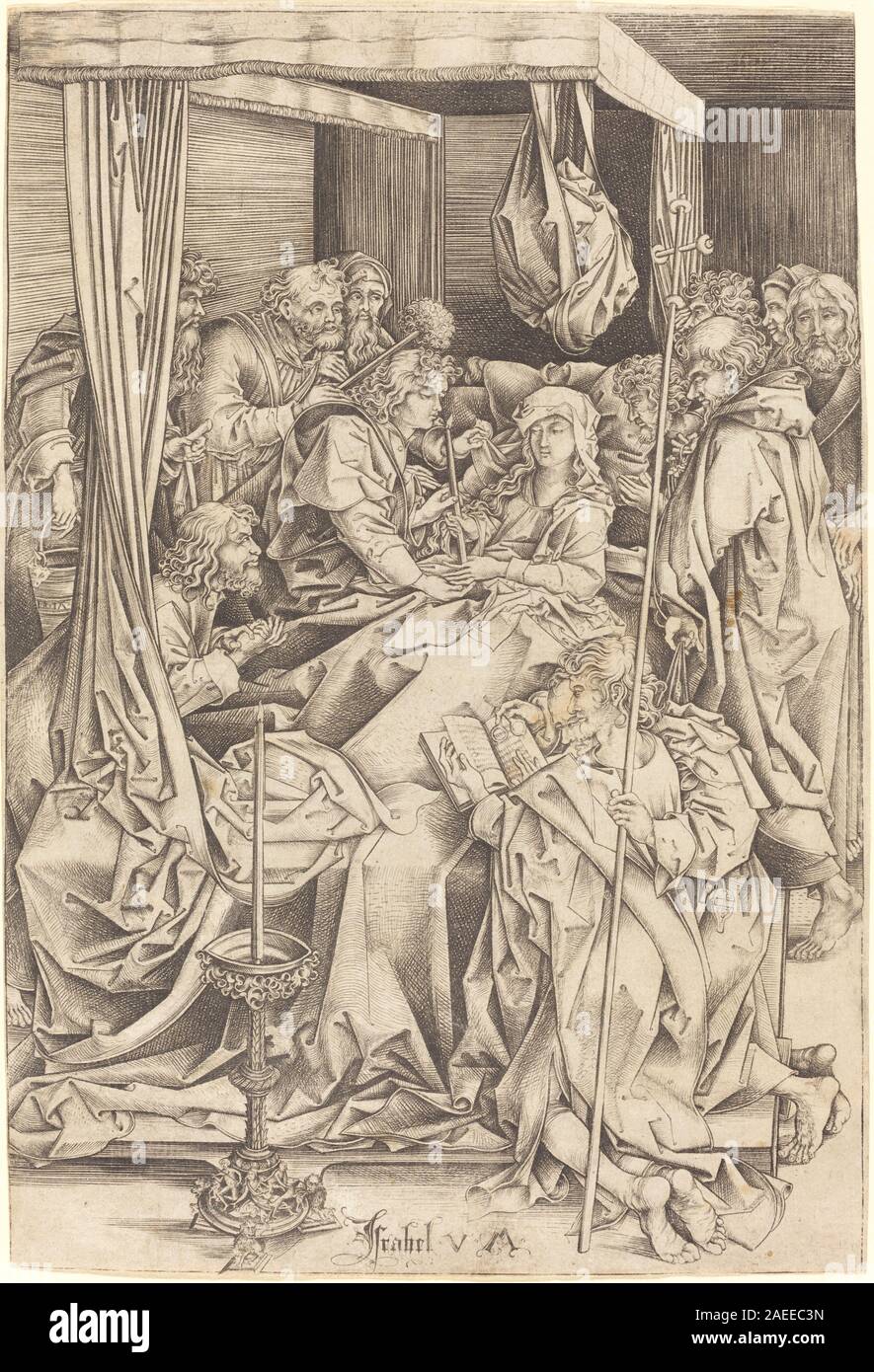 Ein Druck von Israhel van Meckenem um 1480-1490, der den Tod der Jungfrau darstellt, mit Figuren, Gesten, Gesichtsausdrücken, Haltungen, Inneneinrichtung und christliche hingebungsvolle Erzählung. Stockfoto