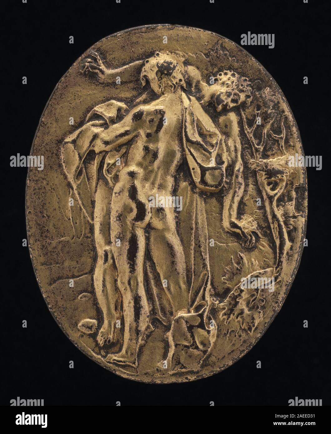 Dieses italienische Kunstwerk aus dem 16. Jahrhundert zeigt die mythologischen Figuren Herkules und Antaeus und hebt Anatomie, Haltung, Kampf, Ausdruck, Drapierung, Hintergrund und klassische mythologische Erzählung. Es spiegelt die Interpretation der antiken Mythen der Renaissance wider. Stockfoto