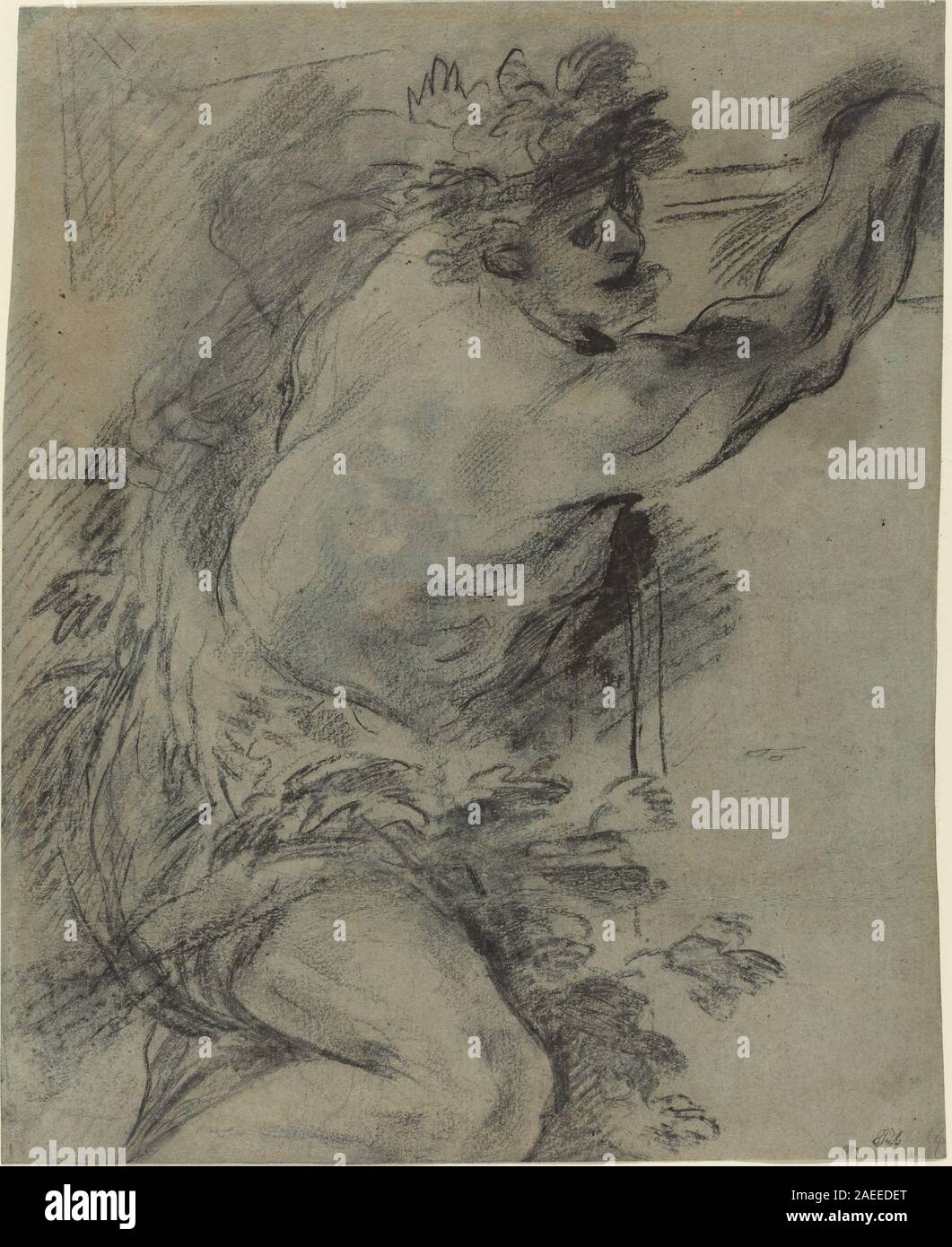 Bacchus, italienischer Neapolitaner aus dem 17. Jahrhundert, zeigt den römischen Gott des Weines mit Attributen wie Weinrebe, Becher, Jugendliche Figur, Vorhänge und klassische Komposition. Stockfoto