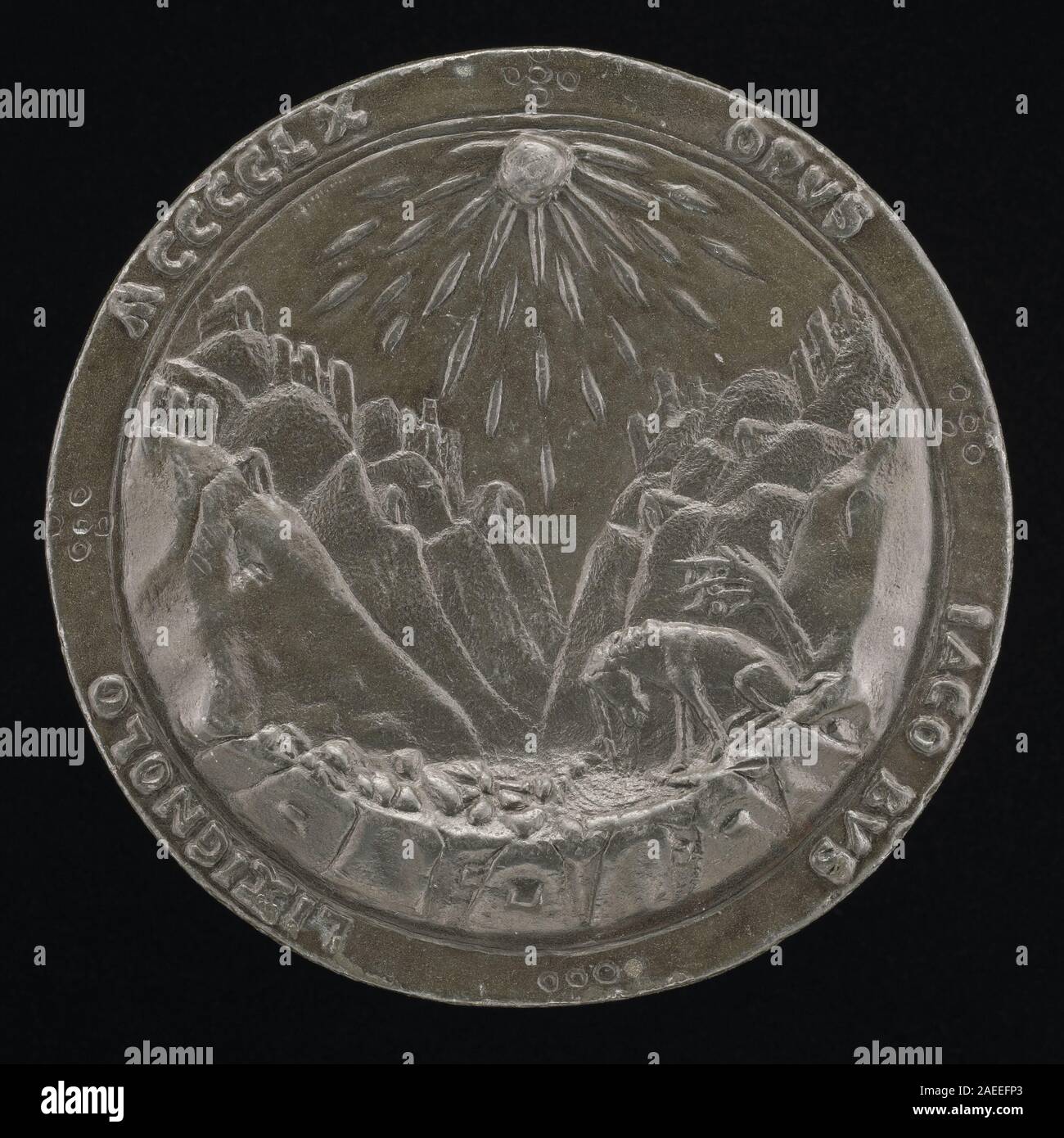 Dieses Reverse-Kunstwerk von Jacopo Lixignolo aus dem Jahr 1460 zeigt ein Einhorn, das sein Horn in einen Bach taucht und mythische Kreaturen, Landschaften, Vegetation, Wasser, Komposition und italienische Zeichentechniken des 15. Jahrhunderts. Stockfoto