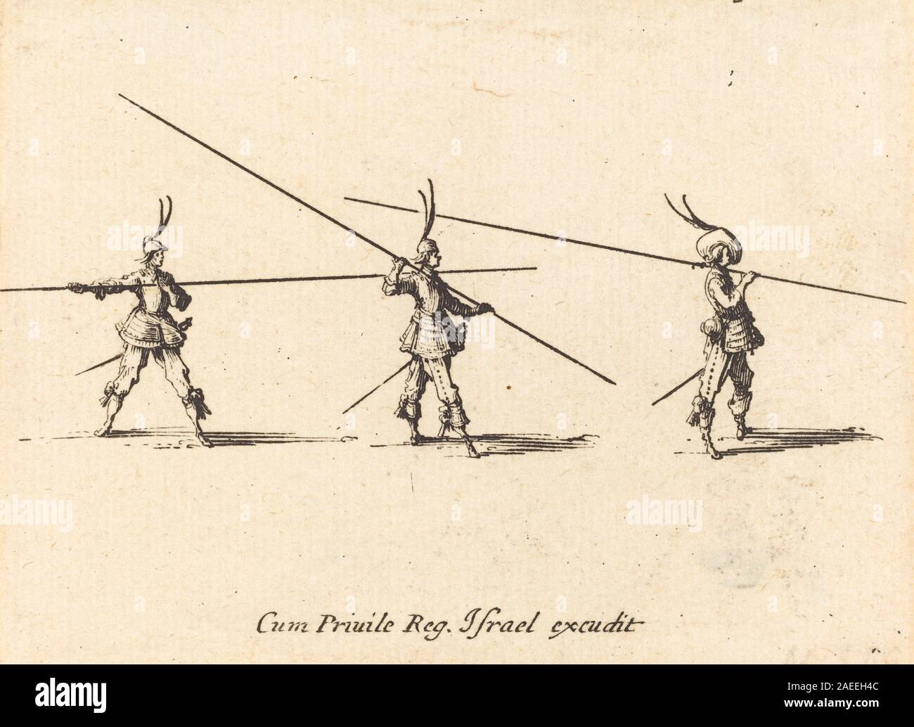 Diese Gravur von Jacques Callot aus dem Jahr 1634-1635 zeigt Soldaten in Formation, die mit geneigten Hechten üben. Es demonstriert militärische Bohrpraktiken der damaligen Zeit und betont disziplinierte Bewegung, Waffenhandhabung und uniformierte Ränge sowie Callots akribische Linienarbeit und Aufmerksamkeit für menschliche Figuren. Stockfoto