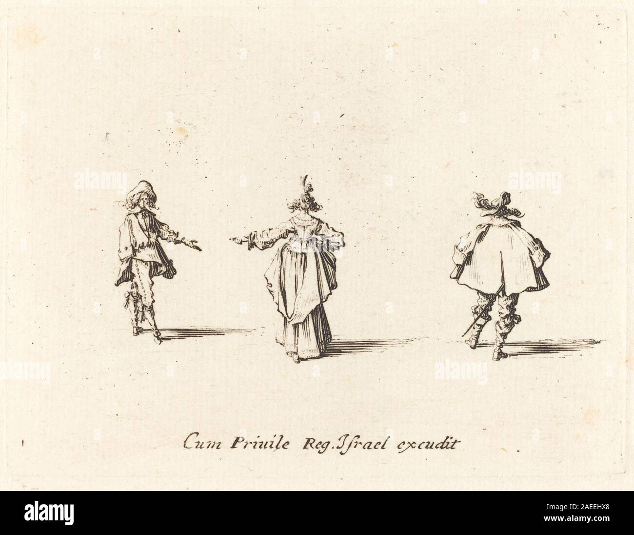 Diese Gravur von Jacques Callot zeigt eine Frau mit gestrecktem Arm, von hinten gesehen, begleitet von zwei Herren. Das Werk stammt vermutlich aus dem Jahr 1634 und zeigt detaillierte Kleidung und Haltung, die für die Kleidung des frühen 17. Jahrhunderts charakteristisch sind. Stockfoto