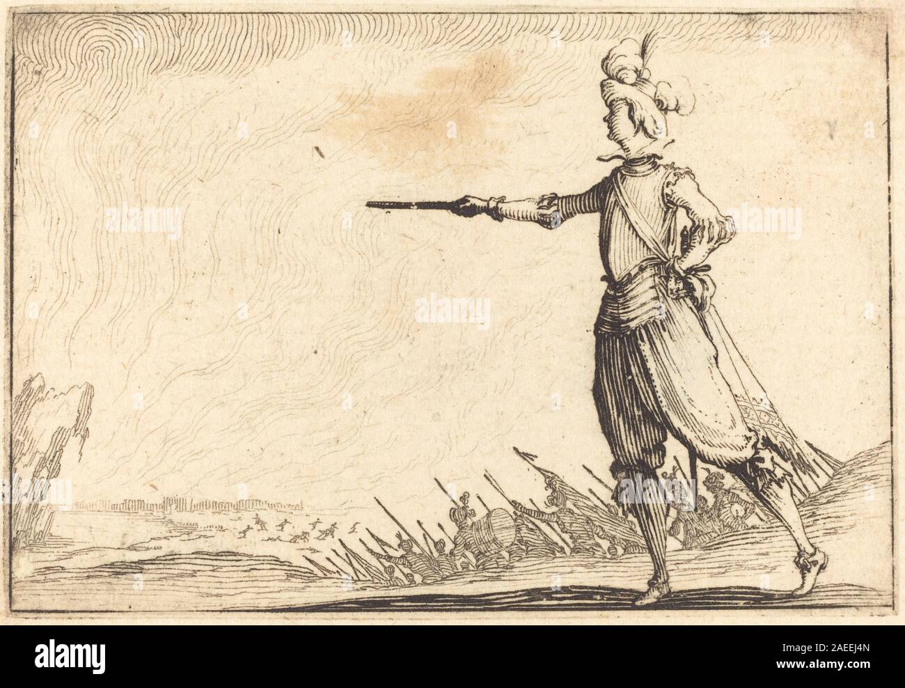 Zeigt einen Militärkommandeur zu Fuß um 1617, mit Uniform, Waffen und Haltung, die die militärische Kleidung und Hierarchie des frühen 17. Jahrhunderts veranschaulicht. Stockfoto