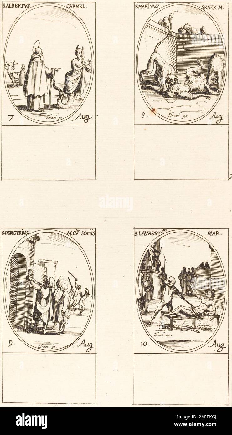 Eine Radierung von Jacques Callot, die den Heiligen Albrecht von Sizilien, Karmelit, St. Marinus, St. Demetrius mit Gefährten und St. Lauren darstellt, mit Gesten, Haltungen, Kleidung, und Attribute in einem religiösen Kontext. Stockfoto