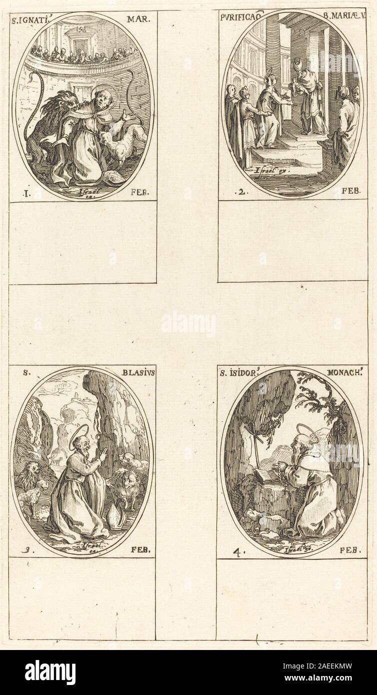 Dieses Werk von Jacques Callot zeigt mehrere religiöse Szenen, darunter St. Ignatius, die Reinigung der Jungfrau, St. Blaise und St. Isidor, mit detaillierten Figuren, Symbolismus, und hingebungsvolle Kompositionen. Stockfoto