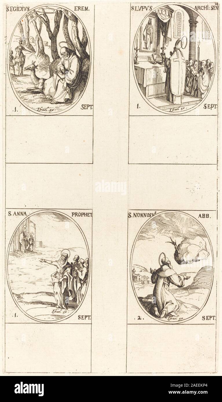 Jacques Callots Gravur zeigt Saint Giles, Saint Lupus, Saint Anne und Saint Nonnosus, die jeweils mit traditionellen ikonographischen Elementen, Gesten, Gewändern und Halos dargestellt sind, die beispielhaft für die barocke religiöse Kunst des 17. Jahrhunderts sind. Stockfoto