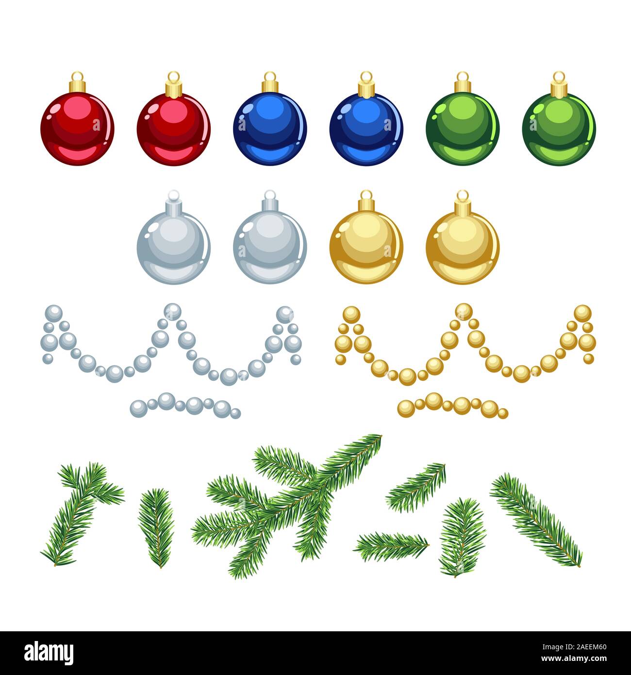 Weihnachten Silber, Gold, Rot, Grün, Blau cartoon Vektor Schmuck und Perlen, Tannenbaum Äste auf weißem Hintergrund Stock Vektor