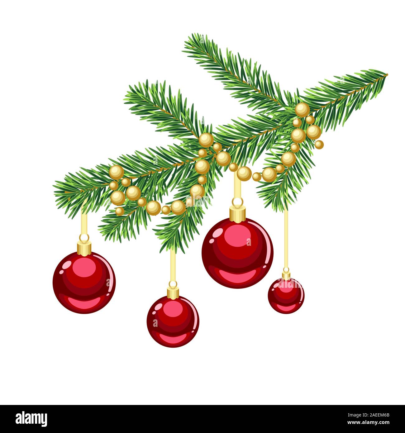 Weihnachten fir tree branch Einrichtung mit goldenen Perlen und roten Ornamenten isoliert auf weißem Stock Vektor