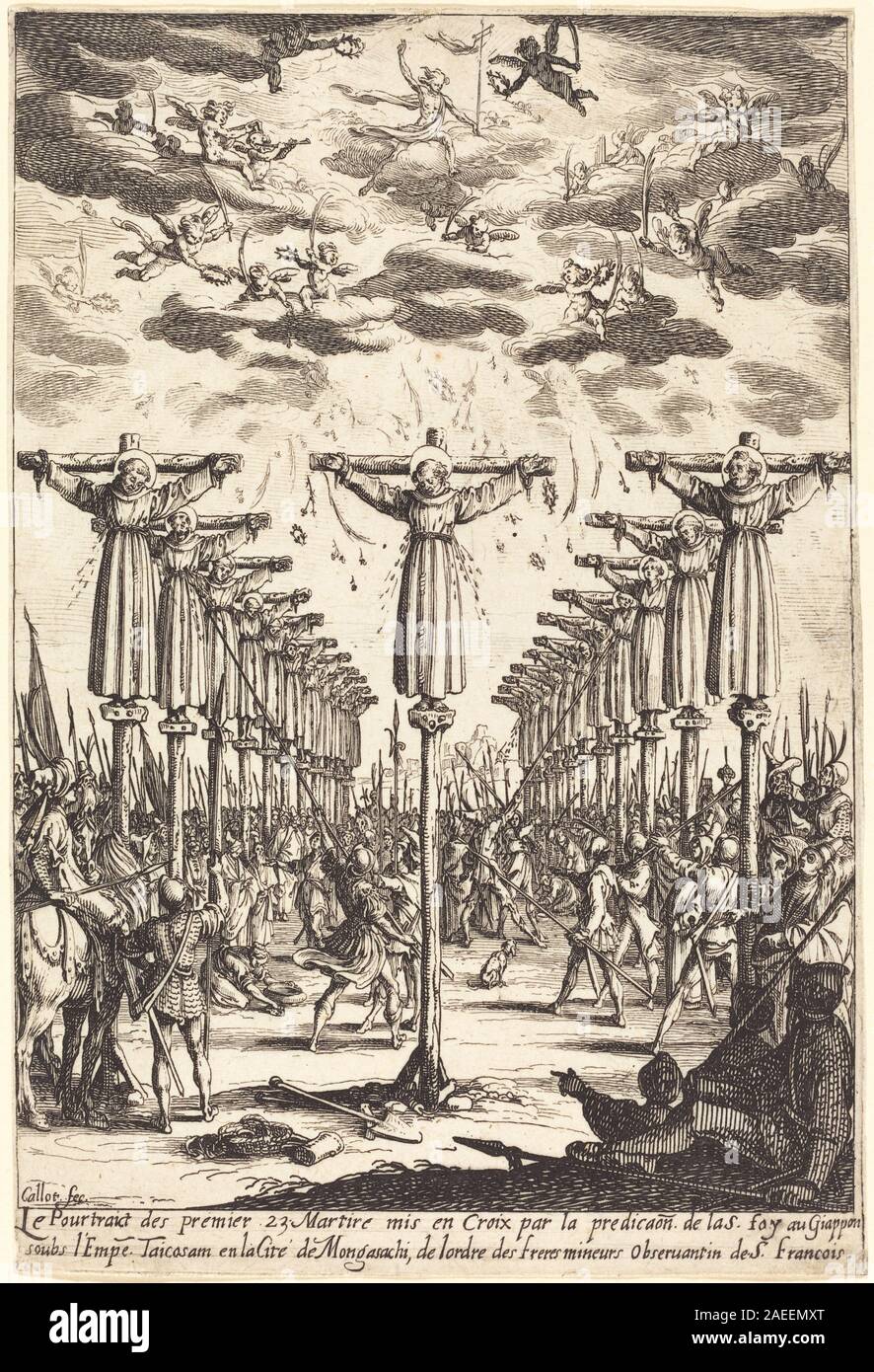 Diese um 1627-1628 entstandene Ätzung von Jacques Callot zeigt die Märtyrer von Japan und zeigt Figuren in religiöser Verfolgung mit Gesten, Ausdrücken und Kleidung. Die Komposition veranschaulicht die europäische Darstellung des fernen christlichen Martyriums aus dem frühen 17. Jahrhundert und detaillierte Beobachtungen. Stockfoto