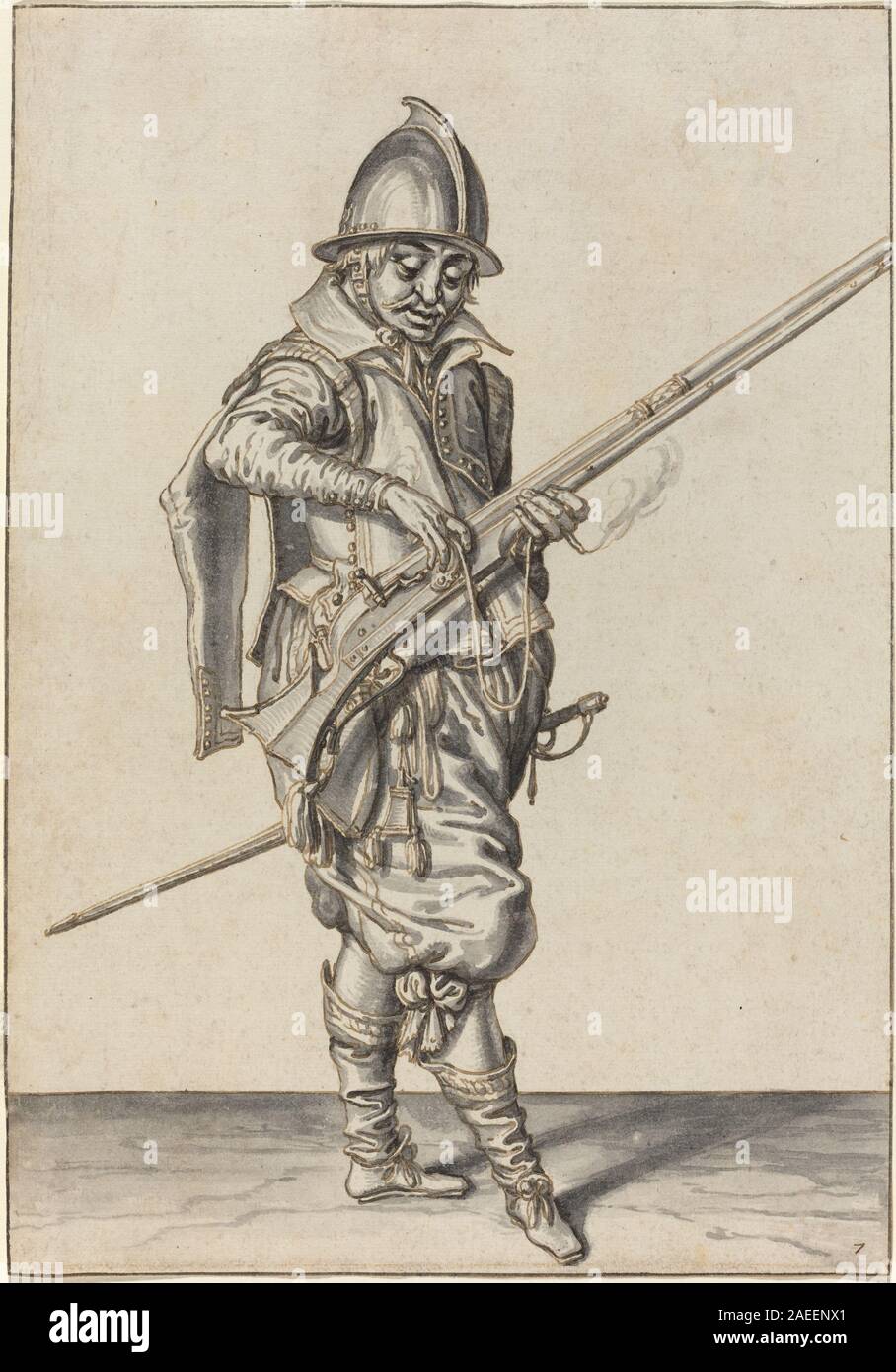 Jacques de Gheyn II.’ Gravur um 1597 zeigt einen Soldaten in eleganter Kleidung, der sich darauf vorbereitet, ein Kaliber abzufeuern, wobei er Waffen, Haltung, Kleidung und detaillierte Linienführung hervorhebt. Stockfoto